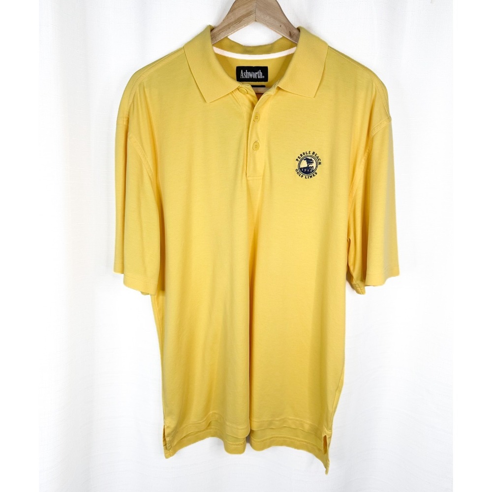 Ashworth Pebble Beach Golf Links Polo Mens M Yellow Pima Cotton Embroidered